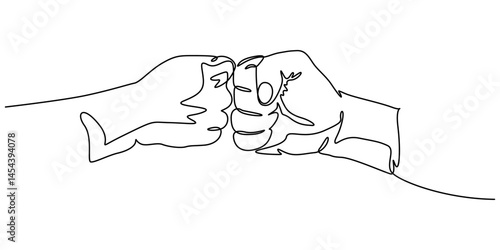Continuous one line drawing of bro fist bump or pound lineart hands. Concept of brother giving a punch, Man and woman`s clenched fists bump. Continuous one line illustrated fist bump, hitting, attack.