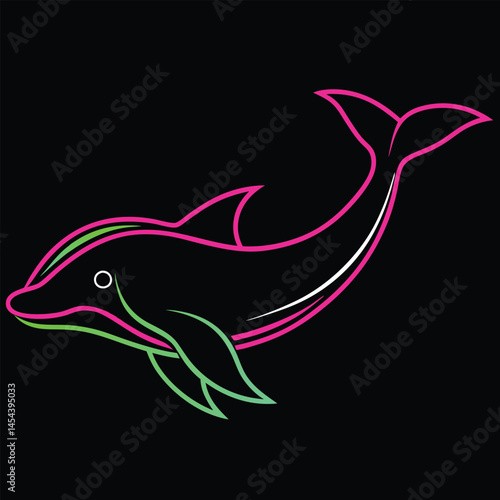 Neon Dolphin in the Deep: A vibrant, neon-style dolphin illustration emerges from a black void, its sleek form outlined in striking pink and green hues, evoking the wonder and mystery of the deep sea.