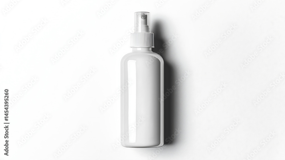 Minimalist white cosmetic dispenser bottle on podium on white background, skincare product mockup Minimalist white cosmetic dispenser bottle on podium on white background, skincare product mockup
