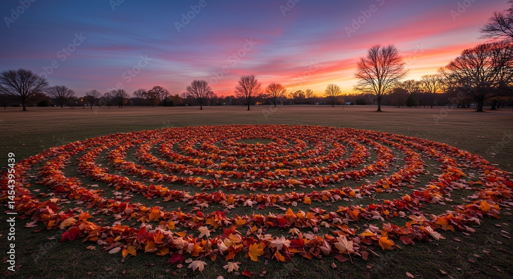 Fototapeta premium Autumn Leaves Spiral in a Park at Sunset