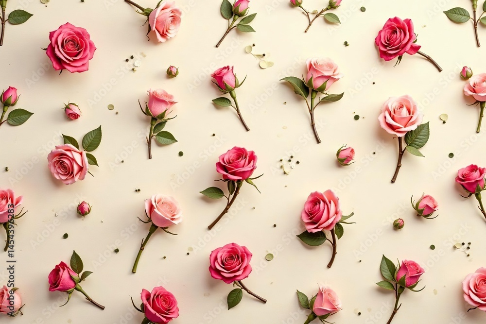 Fototapeta premium Small scale repeating rosebuds, muted tones on cream, plants, light, floral repeat