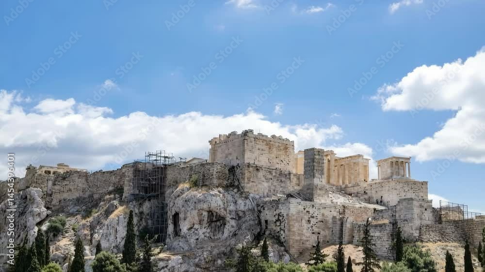 Ancient Greek temple ruins, marble stone buildings on a hill, archaeological site, blue cloudy sky Ancient Greek temple ruins, marble stone buildings on a hill, archaeological site, blue cloudy sky