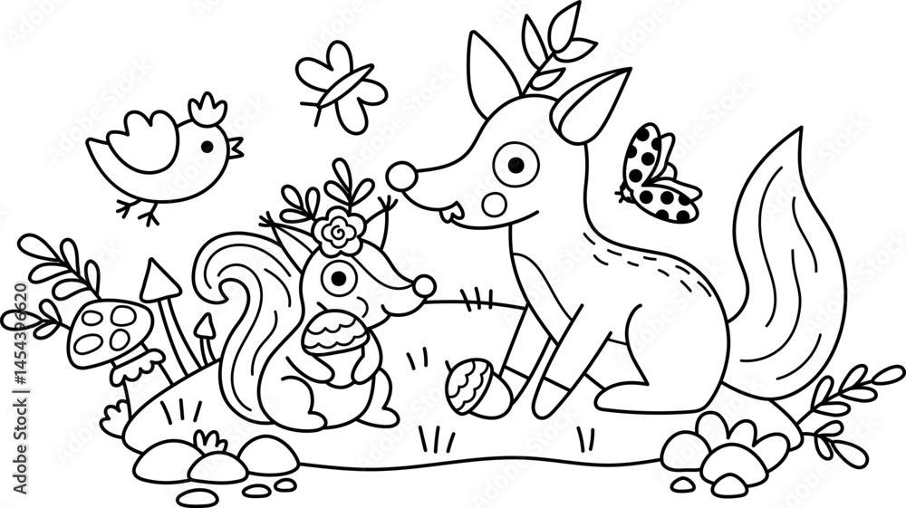 Fototapeta premium Vector black and white scene with fairytale animals on meadow. Line composition with squirrel, fox, bird. Cute scenery with magic creatures with acorns. Fantasy illustration, coloring page