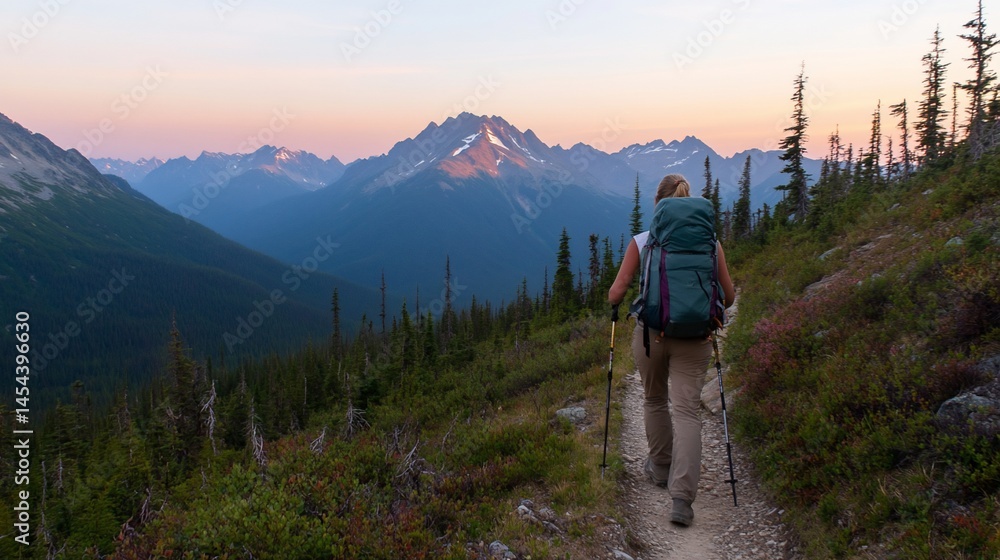Hiker on scenic trail, mountains backdrop at dusk Hiker on scenic trail, mountains backdrop at dusk
