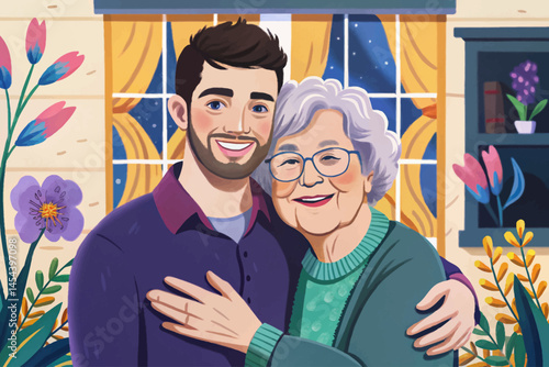 portrait of grateful adult son hugging his senior mother vector, expressing love, care, and family connection. Perfect for themes of aging, parent-child relationships, and emotional moments