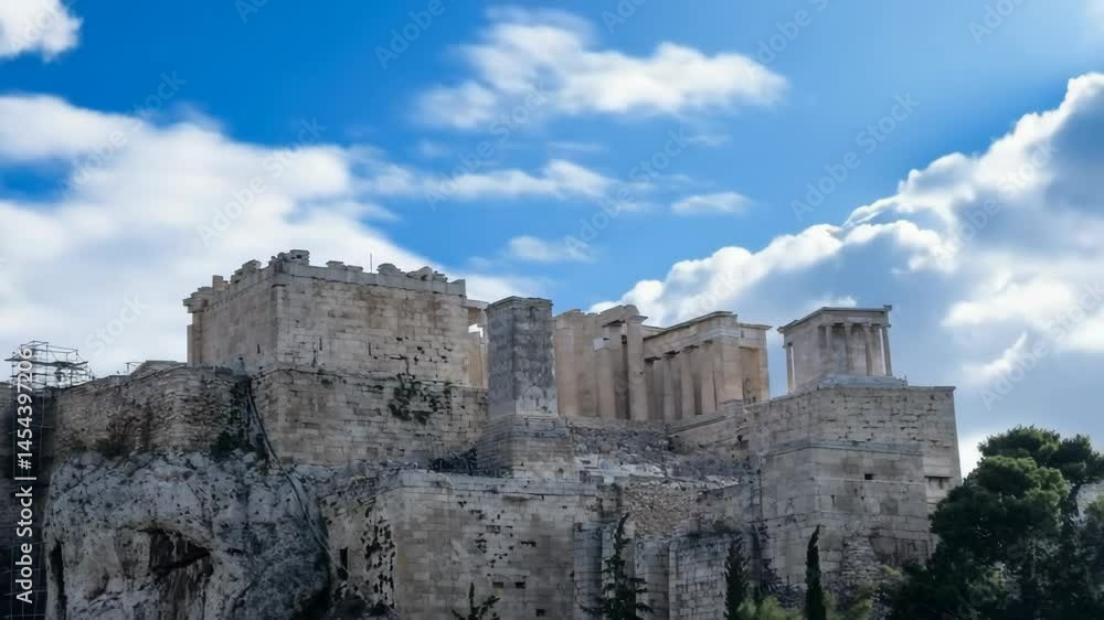 Ancient Greek temple ruins, marble stone buildings on a hill, archaeological site, blue cloudy sky Ancient Greek temple ruins, marble stone buildings on a hill, archaeological site, blue cloudy sky