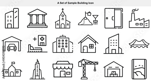 Line icons depict various buildings including home, industry, church, hospital, school and cityscape