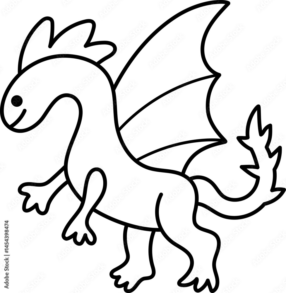Fototapeta premium Vector black and white dragon icon. Magic creature line clipart. Cute fairytale character. Woodland fantasy animal with wings. Forest fairy tale illustration, coloring page isolated on white
