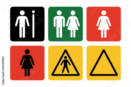 Restroom signs gender neutral and warning symbols