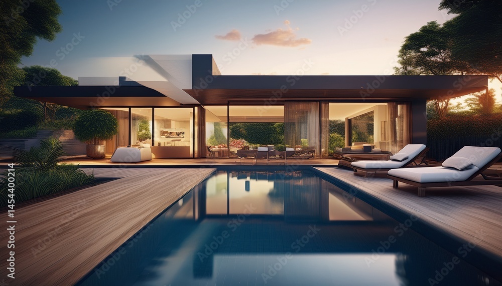 Fototapeta premium breathtaking ambiance elegantly composed home with a mesmerizing pool view generative ai