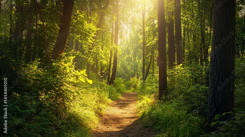 Obraz premium Sunlit forest path creating a scene of tranquility and natural beauty