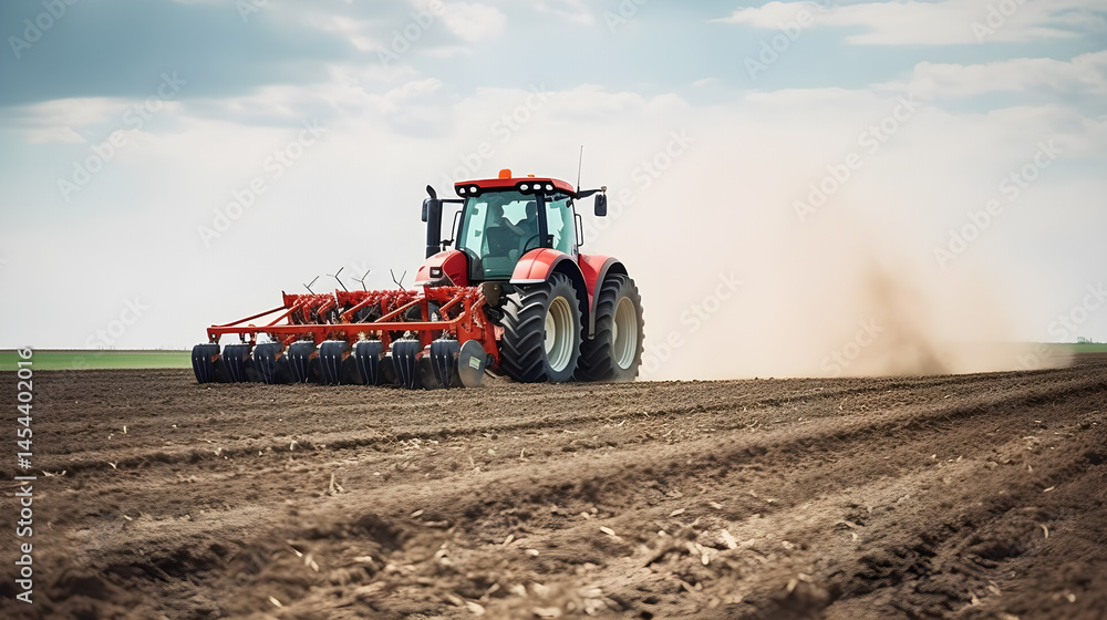Obraz premium A red tractor with a red plow driving across a field, leaving a trail of dust behind it.