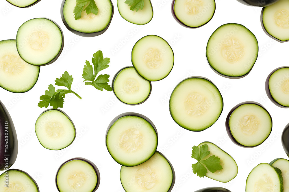 A layout of sliced raw eggplants and zucchini isolated on a white background A layout of sliced raw eggplants and zucchini isolated on a white background