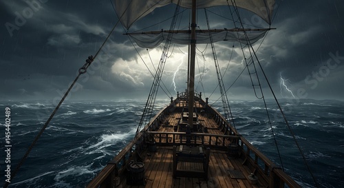 Ship in Storm with Lightning Over Ocean