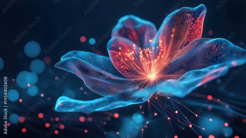 青と赤の光で輝く抽象的な花のデジタルアート背景に光る粒子が幻想的なデザイン 青と赤の光で輝く抽象的な花のデジタルアート背景に光る粒子が幻想的なデザイン