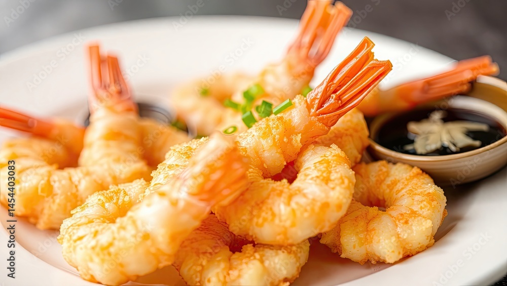 Golden-brown shrimp tempura served with dipping sauce Golden-brown shrimp tempura served with dipping sauce