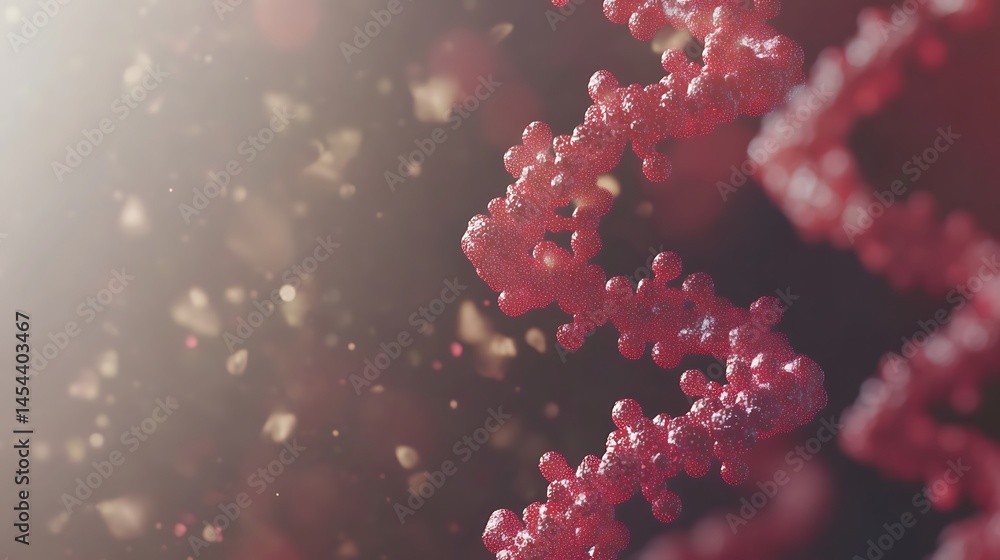 Close-up view of a vibrant, swirling DNA helix with sparkling particles in a soft-focus background Close-up view of a vibrant, swirling DNA helix with sparkling particles in a soft-focus background