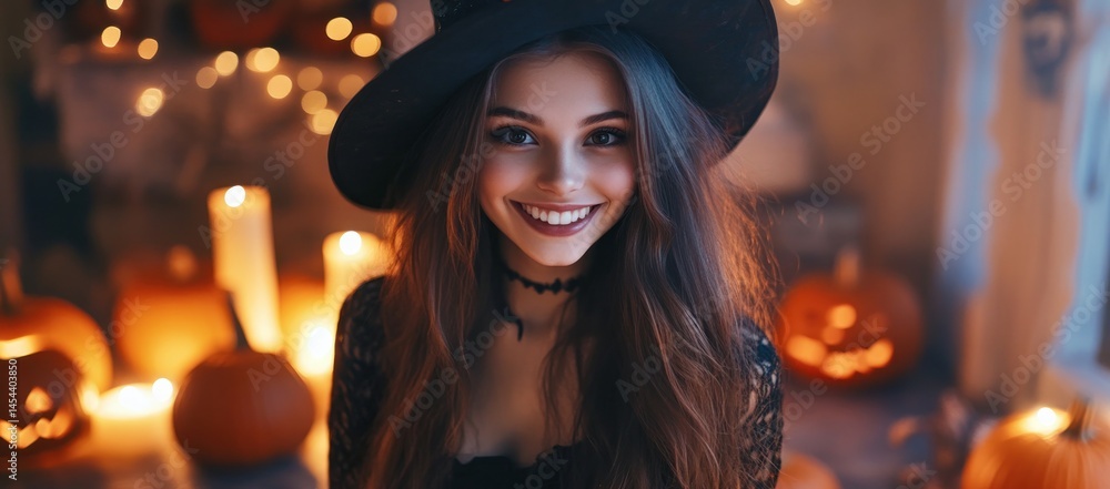 Smiling Witch in Halloween Costume with Pumpkins and Candles Smiling Witch in Halloween Costume with Pumpkins and Candles