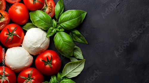Fresh Mozzarella  Tomatoes   Basil on Dark Background