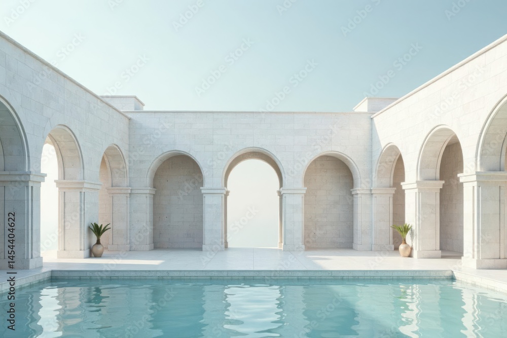Fototapeta premium Serene Oasis Architectural marvel featuring a tranquil swimming pool nestled within a pristine white colonnaded courtyard, bathed in soft sunlight.