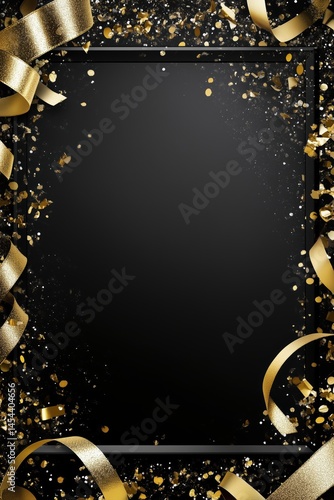 Celebration frame with gold confetti, sparkles and ribbons on black background