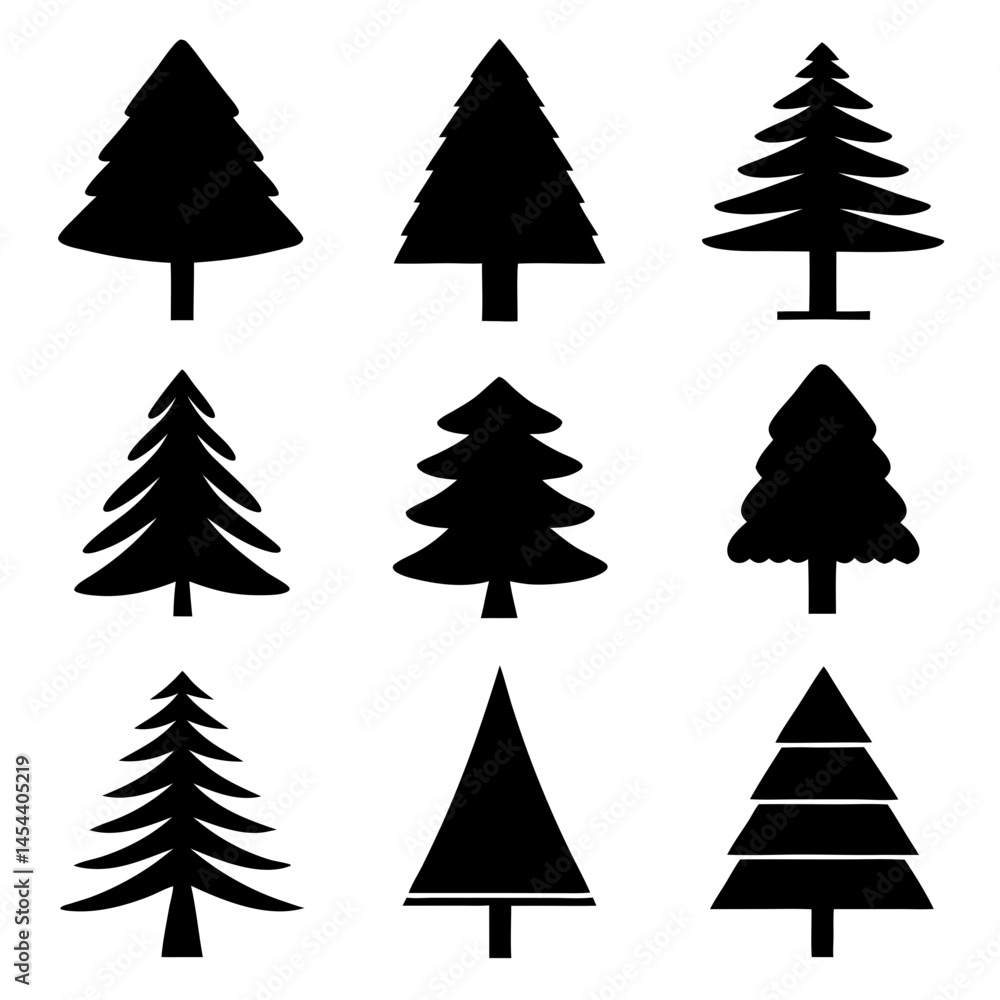 Obraz premium Set of 9 Black Spruce Tree Silhouette Collection isolated on transparent background