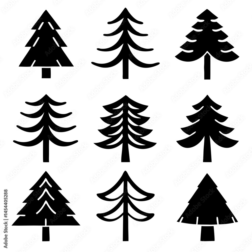 Obraz premium Set of 9 Black Spruce Tree Silhouette Collection isolated on transparent background