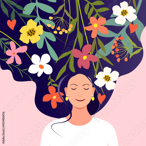 Young happy dreaming woman with flowers and herbs on the background of long hair. The concept of female beauty, mental health, joy, approval, happiness. Psychology and tranquility. Flat vector