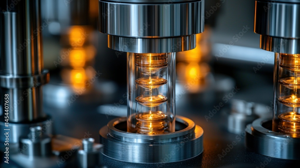 Glass tubes with metal rings lit up on machinery Glass tubes with metal rings lit up on machinery