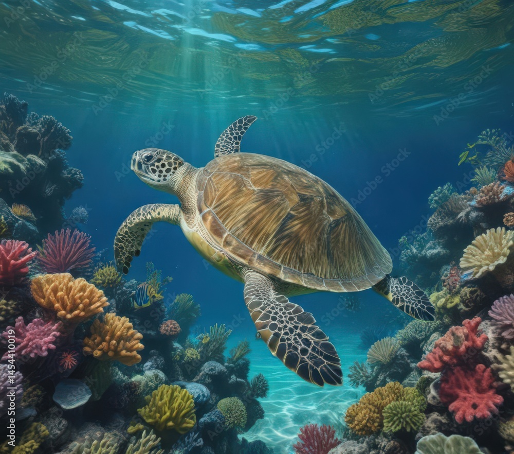 Naklejka premium A magnificent green sea turtle swims amidst a kaleidoscope of corals in a clear blue sea, sea turtle swimming, ocean, marine