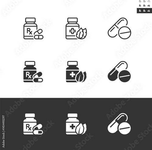 Medicine icon set in outline and solid styles. The objects are divided by a white line, with no cutting path that can be moved for editing the design. Editable stroke.