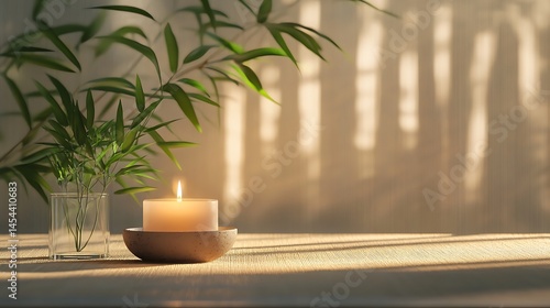Natural mood image with candle arrangement and plant on beige textile background generative ai