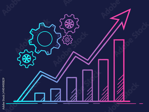 Vector business - growth - style icon with gears and an upward - trending chart on a dark blue background, ideal for representing business analytics, progress, and growth in corporate presentations,