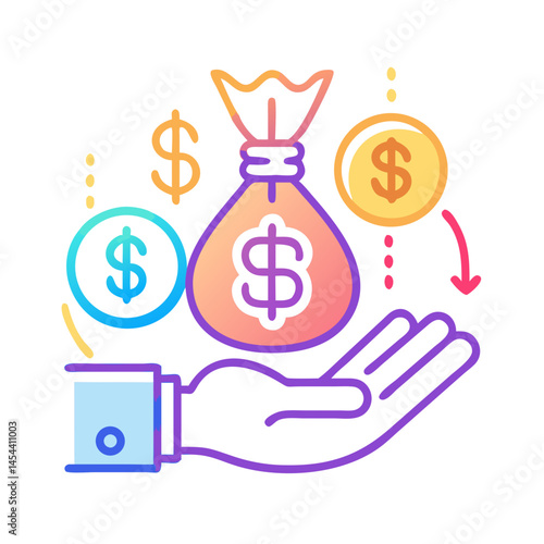 Vector finance - transaction - style icon with a hand holding a money bag and coins, ideal for financial apps, banking services, or investment platforms.