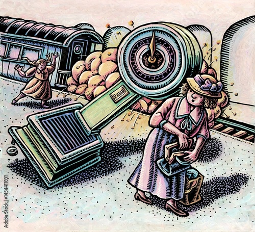Large scale falling on a Victorian era woman in a train station, an illustration of the famous Palsgraf court case