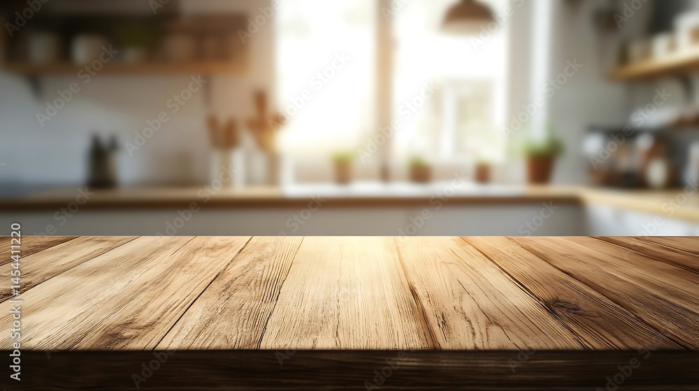 Rustic Wooden Tabletop in a Bright Kitchen Rustic Wooden Tabletop in a Bright Kitchen