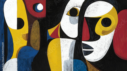 Abstract Cubist Style Painting With Faces And Bold Colors