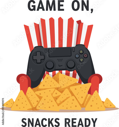 Video game controller with nachos snack pile and popcorn bucket perfect for t-shirt prints and snack lovers 
