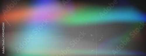 Refraction overlay. Damaged photo film texture effect, blurred rainbow Iridescent gradient on black background. Vector abstract illustration.