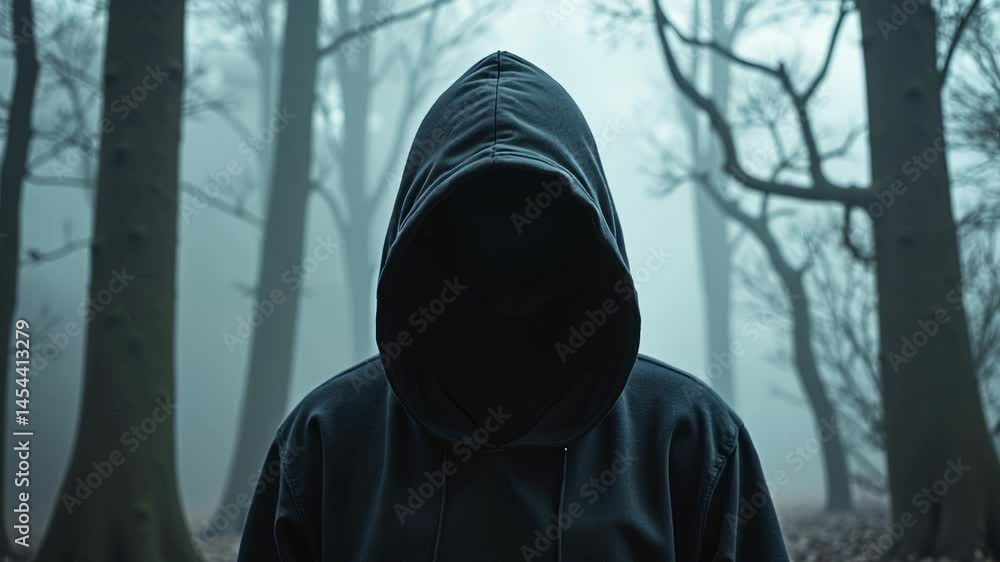 Mysterious Hooded Figure in Foggy Forest Mysterious Hooded Figure in Foggy Forest