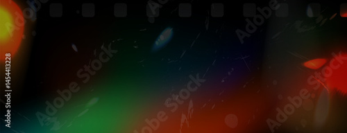 Old camera film filter, leaks texture with scratches overlay. Noise damaged photo effect, blurred rainbow iridescent gradient, retro movie with dust on black background. Vector abstract illustration.