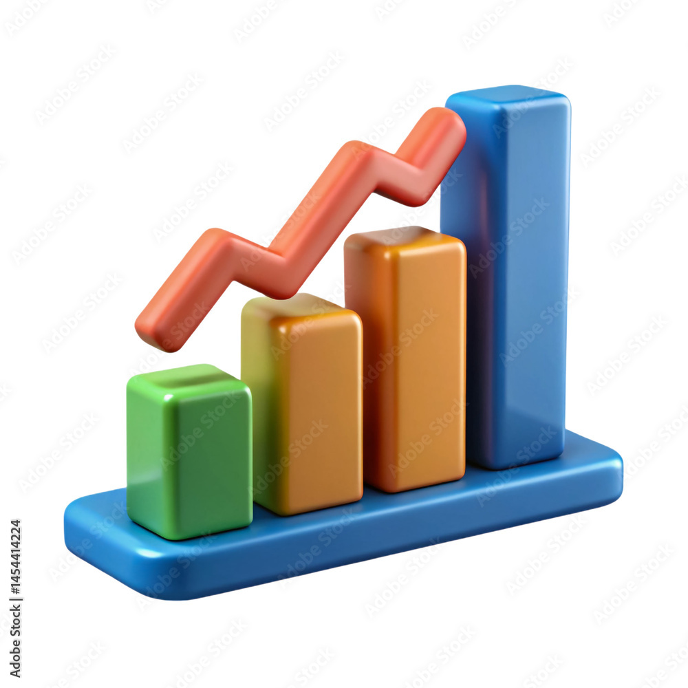 Vibrant 3D bar graph icon showcasing fluctuating growth trends with a bold orange arrow and on transparent background Vibrant 3D bar graph icon showcasing fluctuating growth trends with a bold orange arrow and on transparent background