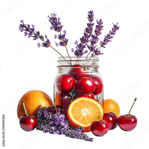 Cherries Lavender and Oranges in Mason Jar Isolated on Transparent Background