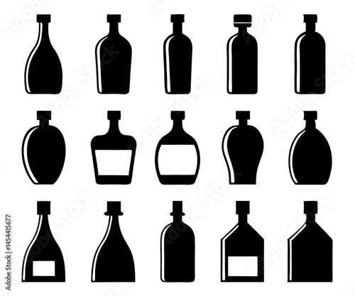 Bottle Silhouettes Icon Set — Cosmetic, Medicine, Drink,Prosecco, Wine, Plastic & Cola Bottle Icons
