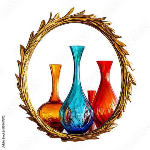 A Gold Framed Mirror Reflecting Vases in a Gold Wreath Isolated on Transparent Background