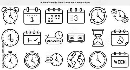 Various time management outline icons display clocks, timers, and calendars in a collection