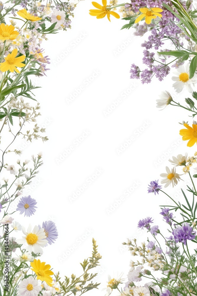 White frame with daisies, lavender and yellow flowers in soft spring botanical style White frame with daisies, lavender and yellow flowers in soft spring botanical style