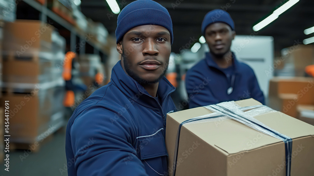 At the warehouse, two Black delivery workers in blue uniforms are unloading boxes from an open van using pallets and cranes. At the warehouse, two Black delivery workers in blue uniforms are unloading boxes from an open van using pallets and cranes.