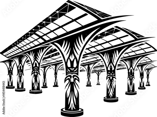 EV charging infrastructure for sustainable electric mobility SVG vector. Elegant Architectural Design with Intricate Archways and Columns