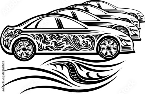 EV charging infrastructure for sustainable electric mobility SVG vector. Stylish Car Silhouettes with Elegant Swirls and Designs for Art
